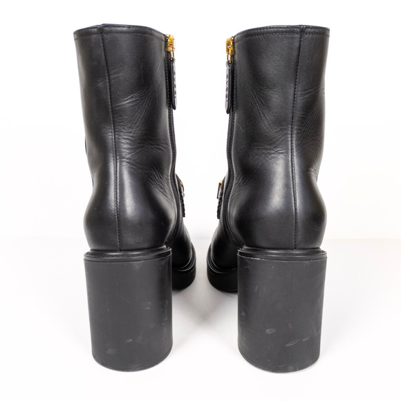 GUCCI Black Leather Cara Big Logo Chunky Heeled Bootie Mid Calf Women's EU 38 - Picture 5 of 11